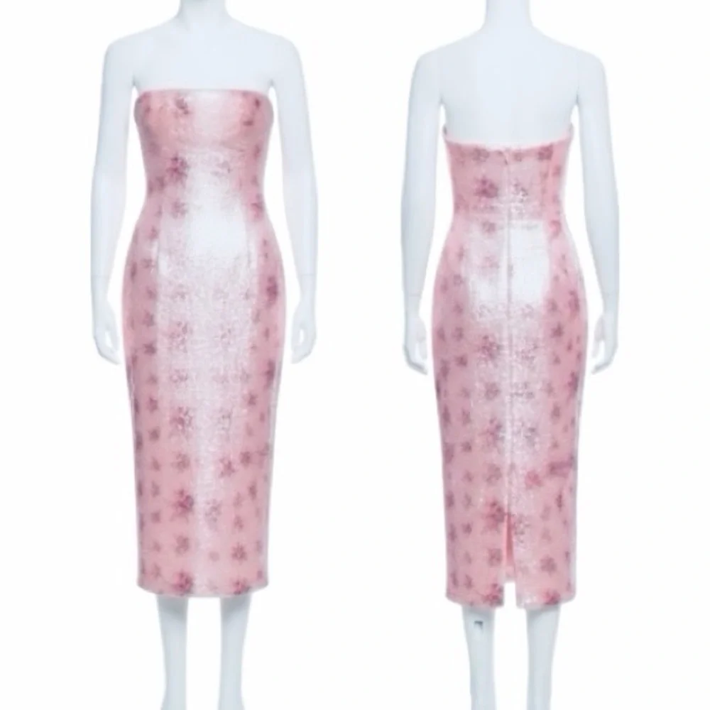 LoveShackFancy Stasia Sequin Floral Strapless Pink Cocktail Midi Dress NEW - Picture 12 of 15